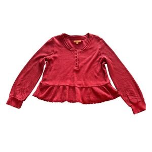 FRYE AND CO Red Waffle Knit Peplum Henley Long Sleeve Shirt Top XXL
